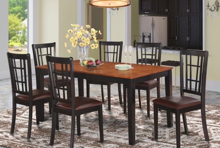 Rectangle-shaped small kitchen table supplies an impression of luxury and classic design with a fashionable flair. table and chairs set are fabricated of pure Asian solid wood for strength and fantastic steadiness. Table and dining room chairs are offered in a polished Black & Cherry