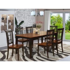 Rectangle-shaped table comes with a feeling of high-end and classic design with an advanced flair. table and chairs set are manufactured of pure Asian hardwood for strength and very good stability. Dinette table and dining chairs are available in a finished Black & Cherry