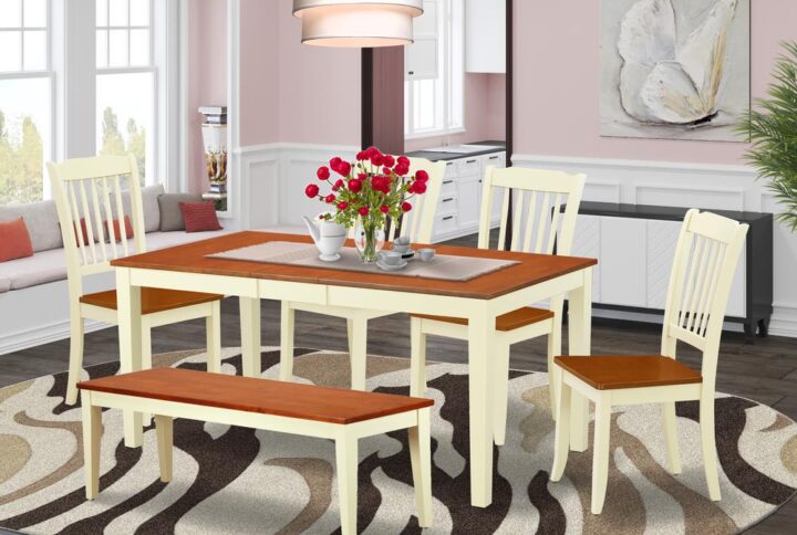 The NIDA6-BMK-W is an excellent kitchen Set for fancy luncheons or holidays dinners! This great rectangular dining table features a buttermilk and Cherry Color that complements a number of various attractive themes. The sleek color of the kitchen Dinette table subtly reflects light to lighten up the living area and showcase the dining room tables