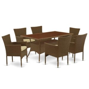Furnish your patio dining area with this wicker patio set with a Brown finish. This 7 pc OSBK7-02A Outdoor-Furniture set includes an acacia wood top Outdoor-Furniture table and 6 single arm chairs. Constructed from a lightweight steel frame and wrapped with woven resin wicker fiber