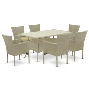 Furnish your patio dining area with this wicker patio set with a Natural finish. This 7 pc OSBK7-03A Outdoor-Furniture set includes an acacia wood top Outdoor-Furniture table and 6 single arm chairs. Constructed from a lightweight steel frame and wrapped with woven resin wicker fiber