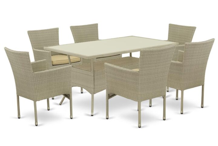 Furnish your patio dining area with this wicker patio set with a Natural finish. This 7 pc OSBK7-03A Outdoor-Furniture set includes an acacia wood top Outdoor-Furniture table and 6 single arm chairs. Constructed from a lightweight steel frame and wrapped with woven resin wicker fiber