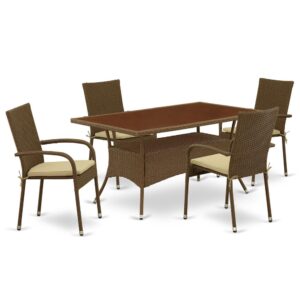 Furnish your patio dining area with this wicker patio set with a Brown finish. This 5 pc OSGU5-02A Outdoor-Furniture set includes an acacia wood top Outdoor-Furniture table and 4 single arm chairs. Constructed from a lightweight steel frame and wrapped with woven resin wicker fiber