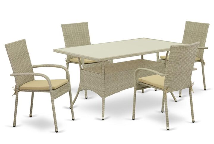 Furnish your patio dining area with this wicker patio set with a Natural finish. This 5 pc OSGU5-03A Outdoor-Furniture set includes an acacia wood top Outdoor-Furniture table and 4 single arm chairs. Constructed from a lightweight steel frame and wrapped with woven resin wicker fiber