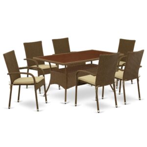 Furnish your patio dining area with this wicker patio set with a Brown finish. This 7 pc OSGU7-02A Outdoor-Furniture set includes an acacia wood top Outdoor-Furniture table and 6 single arm chairs. Constructed from a lightweight steel frame and wrapped with woven resin wicker fiber