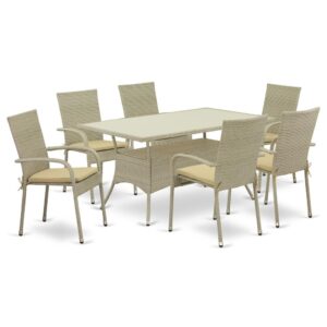Furnish your patio dining area with this wicker patio set with a Natural finish. This 7 pc OSGU7-03A Outdoor-Furniture set includes an acacia wood top Outdoor-Furniture table and 6 single arm chairs. Constructed from a lightweight steel frame and wrapped with woven resin wicker fiber