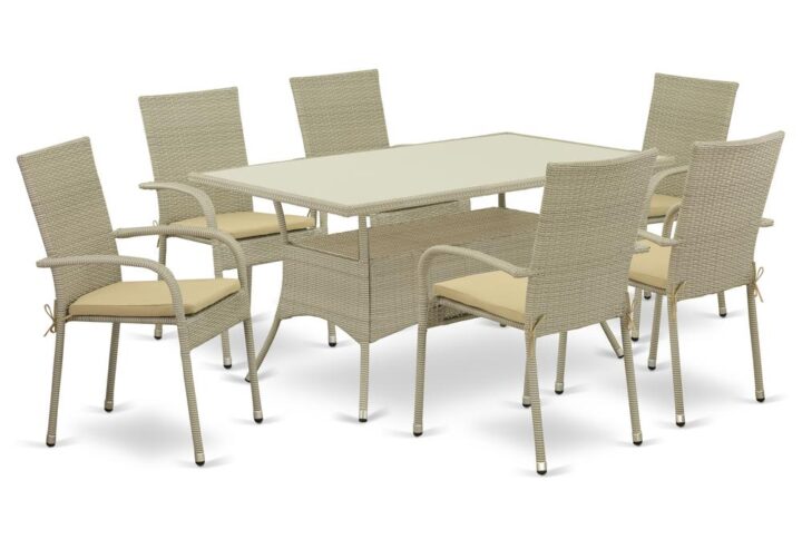 Furnish your patio dining area with this wicker patio set with a Natural finish. This 7 pc OSGU7-03A Outdoor-Furniture set includes an acacia wood top Outdoor-Furniture table and 6 single arm chairs. Constructed from a lightweight steel frame and wrapped with woven resin wicker fiber