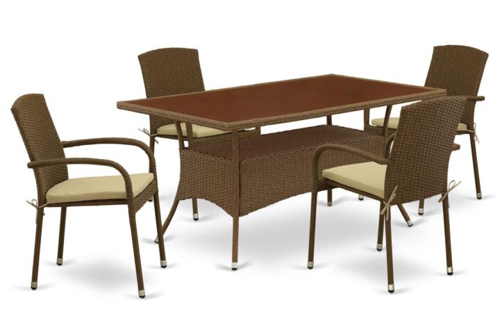 Furnish your patio dining area with this wicker patio set with a Brown finish. This 5 pc OSJU5-02A Outdoor-Furniture set includes an acacia wood top Outdoor-Furniture table and 4 single arm chairs. Constructed from a lightweight steel frame and wrapped with woven resin wicker fiber