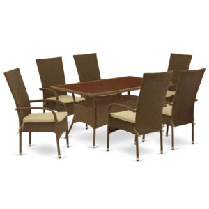 Furnish your patio dining area with this wicker patio set with a Brown finish. This 7 pc OSOS7-02A Outdoor-Furniture set includes an acacia wood top Outdoor-Furniture table and 6 single arm chairs. Constructed from a lightweight steel frame and wrapped with woven resin wicker fiber