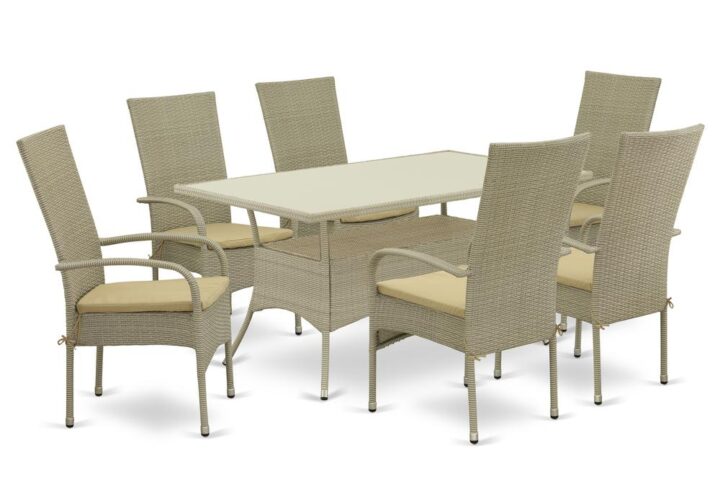 Furnish your patio dining area with this wicker patio set with a Natural finish. This 7 pc OSOS7-03A Outdoor-Furniture set includes an acacia wood top Outdoor-Furniture table and 6 single arm chairs. Constructed from a lightweight steel frame and wrapped with woven resin wicker fiber
