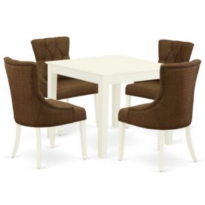 A traditional design gets a contemporary update in this stylish OXFR5-LWH-18 dinette set. This specific 5Pc dinette set includes a kitchen table and four parson chairs. The fresh and clean lines dominate the cutting-edge design of the square small dining table of this elegant kitchen Set. To complement the dining room table's square beveled tabletop