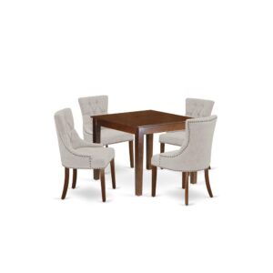 A traditional design gets a contemporary update in this stylish OXFR5-MAH-05 dinette set. This specific 5Pc dinette set includes a kitchen table and four parson chairs. The fresh and clean lines dominate the cutting-edge design of the square small dining table of this elegant kitchen Set. To complement the dining room table's square beveled tabletop