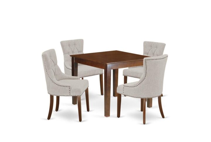 A traditional design gets a contemporary update in this stylish OXFR5-MAH-05 dinette set. This specific 5Pc dinette set includes a kitchen table and four parson chairs. The fresh and clean lines dominate the cutting-edge design of the square small dining table of this elegant kitchen Set. To complement the dining room table's square beveled tabletop