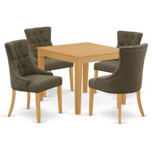 A traditional design gets a contemporary update in this stylish OXFR5-OAK-20 dinette set. This specific 5Pc dinette set includes a kitchen table and four parson chairs. The fresh and clean lines dominate the cutting-edge design of the square small dining table of this elegant kitchen Set. To complement the dining room table's square beveled tabletop