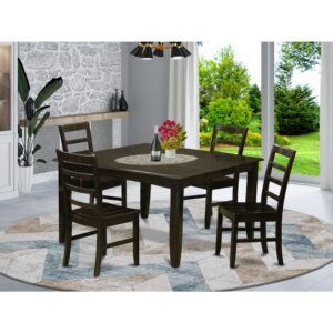 This excellent dinette table set provides a time-honored style along with dining room table and dining room chairs which you'll find right at home either in a working cooking area or specialised dining area. The Dark Cappuccino color are going to supplement almost any interior decoration and still provide a subsidiary element into the kitchen space or perhaps an useful immersion of design and style cohesion. The dining table and dining room chairs have a smooth and sleek color with beveled aspects and corresponding Cappuccino color. The slick kitchen dining chairs have a desirable and cozy feel that's essential for long periods of seated interactions at this specific dining table. The dinette table is mounted on four sound corner posts for considerable leg room and also seating space.