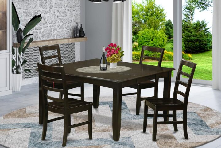 This excellent dinette table set provides a time-honored style along with dining room table and dining room chairs which you'll find right at home either in a working cooking area or specialised dining area. The Dark Cappuccino color are going to supplement almost any interior decoration and still provide a subsidiary element into the kitchen space or perhaps an useful immersion of design and style cohesion. The dining table and dining room chairs have a smooth and sleek color with beveled aspects and corresponding Cappuccino color. The slick kitchen dining chairs have a desirable and cozy feel that's essential for long periods of seated interactions at this specific dining table. The dinette table is mounted on four sound corner posts for considerable leg room and also seating space.