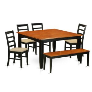 This versatile table and chairs set can be utilized in the dining-room or kitchen. It is produced totally from solid Asian hardwood featuring polished Cherry-colored table tops with beveled edges and eye-catching Black frames and legs. The set consists of a main table and four high-back chairs along with a bench