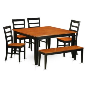 This versatile dinette set can be used in the dining room or kitchen. It is constructed entirely from solid Asian hardwood featuring polished black-colored table tops with beveled edges and stylish Black frames and legs. The set comes with a main table and four high-back chairs plus a bench