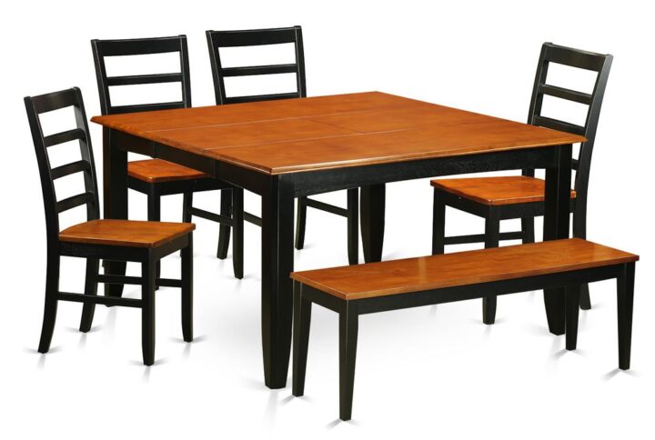 This versatile dinette set can be used in the dining room or kitchen. It is constructed entirely from solid Asian hardwood featuring polished black-colored table tops with beveled edges and stylish Black frames and legs. The set comes with a main table and four high-back chairs plus a bench