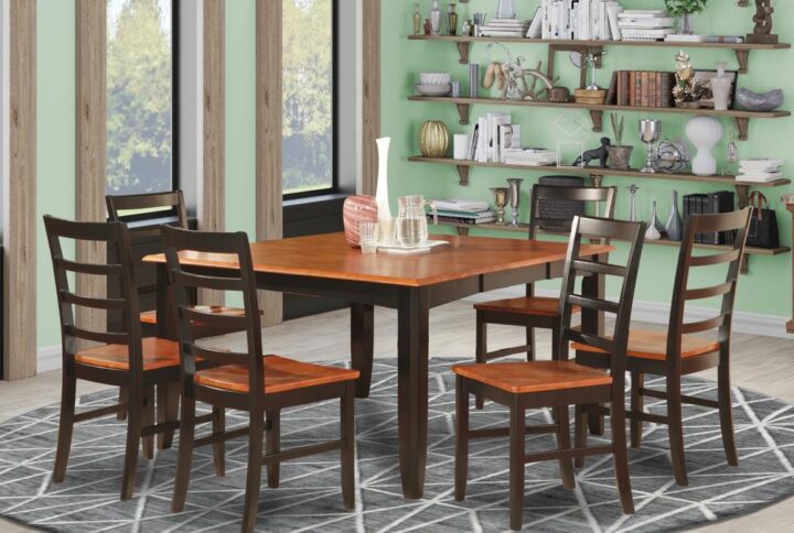 This amazing kitchen table set comes with a vintage appearance that includes dinette table and kitchen dining chairs which are right at home in both a functional kitchen or formal dining room. The Dark Black & Cherry color are going to match any kind of home decor and provide a supporting component towards the area or maybe an useful captivation of design and style cohesion. The small kitchen table and dinette chairs have got an easy and silky color with beveled edges and harmonizing Black & Cherry color. The slick dinette chairs have a desirable and secure experience that is vital for long periods of seated discussions at this kind of table. The dining room table is connected to four solid corner posts for sufficient legroom along with seating spaciousness.