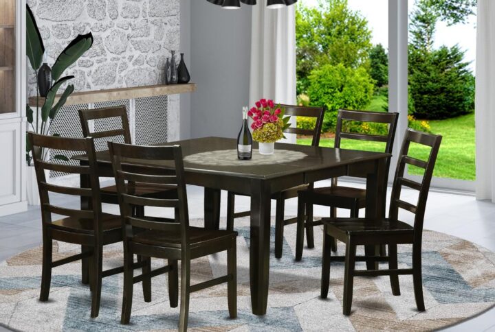 This excellent table set delivers an old fashioned style that includes dining table and dining room chairs that are right at home either in a working kitchen or specialised dining area. The Dark Cappuccino color will harmonize with pretty much any furnishing and offer a distinct factor within the dining-room or perhaps an efficient captivation of style and design cohesion. The dining table and dinette chairs possess a simple and effortless finish with beveled edges and suiting Cappuccino color. The slick dining chairs come with a pleasant and comfortable sense that's vital for long periods of seated conversations at this excellent dining room tables. The dining room tableis placed on four strong corner posts for ample leg room and seating room.