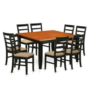 This versatile dinette table set may be used in the dining-room or in the kitchen area. It is manufactured purely from solid Asian hardwood featuring polished Black anc Cherry-colored table tops with beveled edges and trendy Black frames and legs. The set contains a square table and four high-back chairs all produced to the same superior quality.