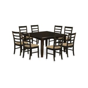 This amazing dinette set comes with a traditional look with table and kitchen dining chairs that are right at your home in both a functioning kitchen or sophisticated dining room. The Dark Cappuccino color is likely to go with pretty much any furnishings and present a contributory aspect to the dining-room or maybe an successful engagement of design and development cohesion. The dining room tableand dining chairs possess a clean and streamlined finish with beveled edges and corresponding Cappuccino color. The clever dining chairs have a gratifying and secure feel that's needed for extended periods of seated discussions at this kind of dining table. The kitchen dinette table is mounted on 4 stable corner legs to get a good amount of legroom and individual seating space.