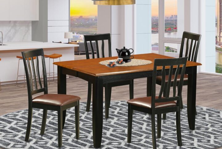 This gorgeous dinette set will set off your dining room or kitchen with glamor and style. The dining room or kitchen table comes with from 4 up to 8 chairs to better accommodate all your guests easily and comfortably. A rich chocolate Black & Cherry finish with a bevelled surface welcomes diners and promises a delicious meal ahead. The table is made of pure rubber wood; a solid hardwood also known as Asian Hardwood. There is no MDF( medium density fiberboard) wood