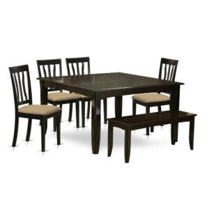 This versatile table and chairs set can be utilized in the dining space or small space. It is made totally from solid Asian hardwood featuring polished Cappuccino-colored table tops with beveled edges and attractive Black frames and legs. The set provides a main table and four high-back chairs