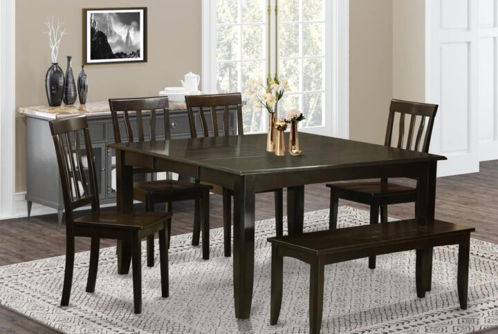 The table set comes with a time-honored look along with small kitchen table and kitchen dining chairs which you'll find right inside your home in both an operational new kitchen or formal dining room. The Dark Cappuccino tone would certainly compliment any interior decoration and give a contributory element within the kitchen or an useful immersion of style and design cohesion. The dining table and dining chairs have a relatively easy and effortless color with beveled aspects and suiting Cappuccino color. The slick dining chairs have an eye-catching and comfortable feel that is important for long periods of seated discussions at this specific kitchen table. The dining room table is simply placed on four solid corner posts to have adequate leg room and seating spaciousness.