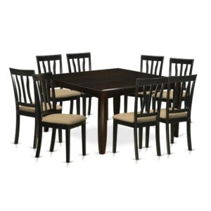 This specific modern piece of dining Set is comprised of eight Dining room chair and a small kitchen table. The back design of the chairs added a smooth touch of attractiveness to the set. The chairs’ front legs are straight while the back legs are slightly curved to provide it a proper balance and a traditional design. This set of dining room table is designed out of 100% Asian Hardwood.
