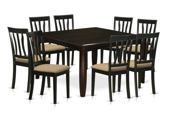 This specific modern piece of dining Set is comprised of eight Dining room chair and a small kitchen table. The back design of the chairs added a smooth touch of attractiveness to the set. The chairs’ front legs are straight while the back legs are slightly curved to provide it a proper balance and a traditional design. This set of dining room table is designed out of 100% Asian Hardwood.