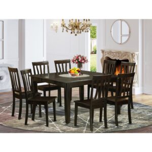 This amazing dinette set comes with a more traditional style along with dinette table and dinette chairs which are right in the house in both a functional kitchen or formal dining area. The Dark Cappuccino tone would certainly go with pretty much any decorations and give a supporting aspect for the dining-room or even an useful concentration of design cohesion. The dining table and dining chairs have a smooth and sleek color with beveled edges and harmonizing Cappuccino color. The slick kitchen chairs have a satisfying and comfy experience that is necessary for the long periods of seated discussions at this small kitchen table. The small kitchen table is placed on 4 solid corner posts to obtain sufficient leg room and seating spaciousness.