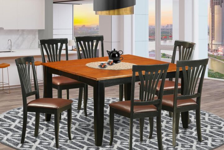 7 Piece dining room table set features a bucolic style table