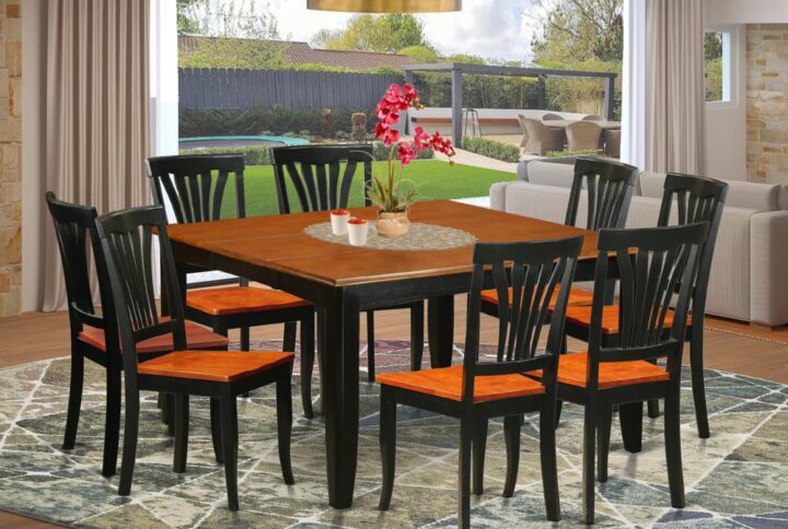 9 Piece dining table set features a bucolic style table
