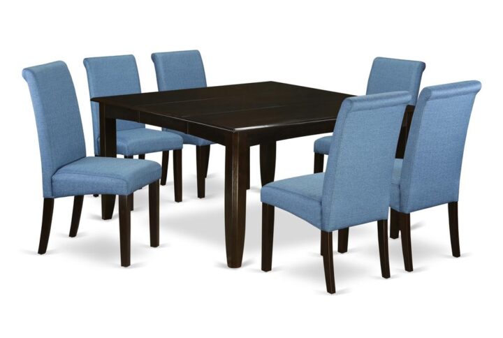 This amazing PFBA7-CAP-21 dining set includes a kitchen dinette table and six parson chairs feature Cappuccino color that complements a number of distinct attractive themes. The smooth color of the small kitchen table subtly demonstrates light to lighten up the living area and showcase the dining room tables
