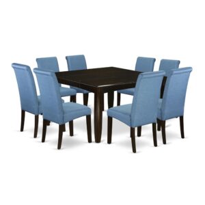 This amazing PFBA9-CAP-21 dining set includes a kitchen dinette table and eight parson chairs feature Cappuccino color that complements a number of distinct attractive themes. The smooth color of the small kitchen table subtly demonstrates light to lighten up the living area and showcase the dining room tables