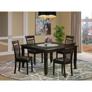 This amazing dinette set offers an old-fashioned style along with kitchen table and dining room chairs which are right in your house either in a functioning cooking area or sophisticated dining-room. The Dark Cappuccino color is going to go with pretty much any home decor and still provide a supporting component to your space or maybe an efficient concentration of design and style cohesion. The table and dining room chairs have an easy and gentle color with beveled edges and corresponding Cappuccino color. The slick kitchen dining chairs have a nice pleasant and cozy sense that is necessary for the long periods of seated discussions at this excellent table. The dinette table is placed on 4 reliable corner posts to get ample legroom and individual seating space.