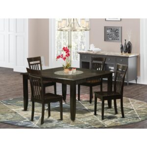 This amazing dinette set provides an old fashioned style having kitchen table and kitchen dining chairs which are right in the house either in a working cooking area or formal dining area. The Dark Cappuccino tone would certainly compliment almost any decorations and offer a contrasting element towards the dining room or perhaps an effective engagement of design and style cohesion. The dining room tableand kitchen dining chairs have a relatively clean and silky finish with beveled aspects and harmonizing Cappuccino color. The slick dining chairs come with an attractive and secure feel that's important for long periods of seated discussions at this excellent kitchen dinette table. The dining table is simply mounted on 4 sound corner legs to get plenty of leg room as well as seating space.
