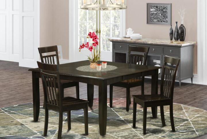 This amazing dinette set provides an old fashioned style having kitchen table and kitchen dining chairs which are right in the house either in a working cooking area or formal dining area. The Dark Cappuccino tone would certainly compliment almost any decorations and offer a contrasting element towards the dining room or perhaps an effective engagement of design and style cohesion. The dining room tableand kitchen dining chairs have a relatively clean and silky finish with beveled aspects and harmonizing Cappuccino color. The slick dining chairs come with an attractive and secure feel that's important for long periods of seated discussions at this excellent kitchen dinette table. The dining table is simply mounted on 4 sound corner legs to get plenty of leg room as well as seating space.