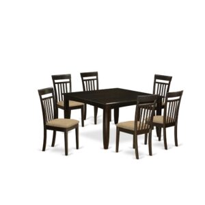 This amazing dinette set offers an old-fashioned style along with kitchen table and dining room chairs which are right in your house either in a functioning cooking area or sophisticated dining-room. The Dark Cappuccino color is going to go with pretty much any home decor and still provide a supporting component to your space or maybe an efficient concentration of design and style cohesion. The table and dining room chairs have an easy and gentle color with beveled edges and corresponding Cappuccino color. The slick kitchen dining chairs have a nice pleasant and cozy sense that is necessary for the long periods of seated discussions at this excellent table. The dinette table is placed on 4 reliable corner posts to get ample legroom and individual seating space.