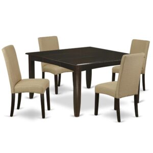 This excellent PFDR5-CAP-03 dinette set features a smooth Cappuccino that works with a number of different attractive themes. The dinette table is created from prime quality rubber wood known as Asian Hardwood. No heat treated pressured wood like MDF