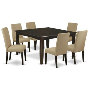 This excellent PFDR7-CAP-03 dinette set features a smooth Cappuccino that works with a number of different attractive themes. The dinette table is created from prime quality rubber wood known as Asian Hardwood. No heat treated pressured wood like MDF