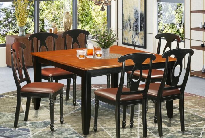 This versatile dining room table set can be used in the dining room or kitchen. It is constructed entirely from solid Asian hardwood featuring polished cherry-colored table tops with beveled edges and stylish Black frames and legs. The set comes with a main table and six high-back chairs