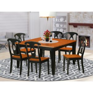 This versatile dining table set may be used in the dining area or kitchen space. It is built completely from solid Asian hardwood featuring polished cherry-colored table tops with beveled edges and fashionable Black frames and legs. The set has a main table and four high-back chairs