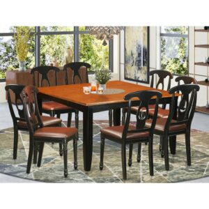 This versatile kitchen table set can be utilized in the dining-room or small space. It is created totally from solid Asian hardwood featuring polished cherry-colored table tops with beveled edges and elegant Black frames and legs. The set includes a main table and 8 high-back chairs