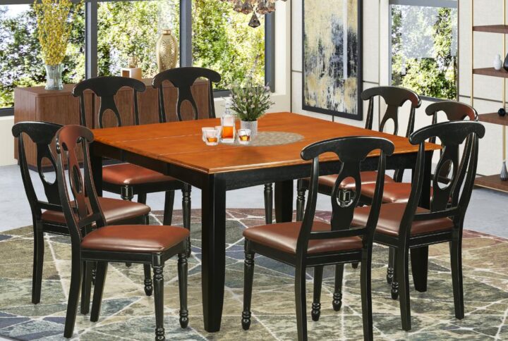 This versatile kitchen table set can be utilized in the dining-room or small space. It is created totally from solid Asian hardwood featuring polished cherry-colored table tops with beveled edges and elegant Black frames and legs. The set includes a main table and 8 high-back chairs
