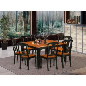 This versatile dinette set works extremely well in the dining space or kitchen. It is produced 100 % from solid Asian hardwood featuring polished cherry-colored table tops with beveled edges and classy Black frames and legs. The set features a main table and 8 high-back chairs