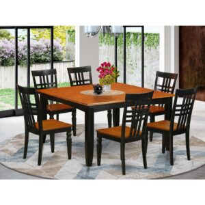 This particular dinette sets for small spaces has 7 pieces including a table and 6 dining chairs with wooden seats. This dining set includes a beautiful Black & Cherry finished Asian hardwood