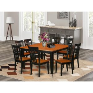 This particular dinette sets for small spaces has 9 pieces including a table and 8 dining chairs with wooden seats. This dining set includes a beautiful Black & Cherry finished Asian hardwood